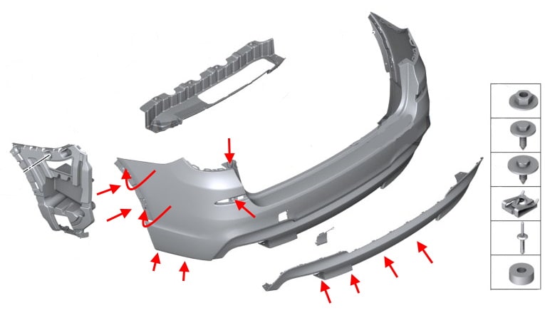 Diagrama de montaje del parachoques trasero del BMW X3 F25