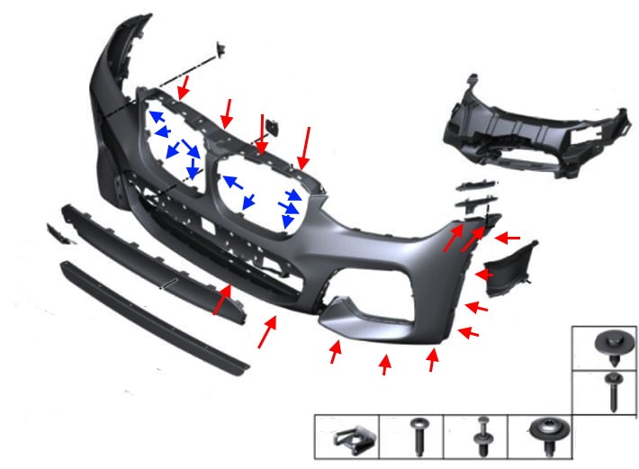 Diagrama de montaje del parachoques delantero del BMW X3 G01