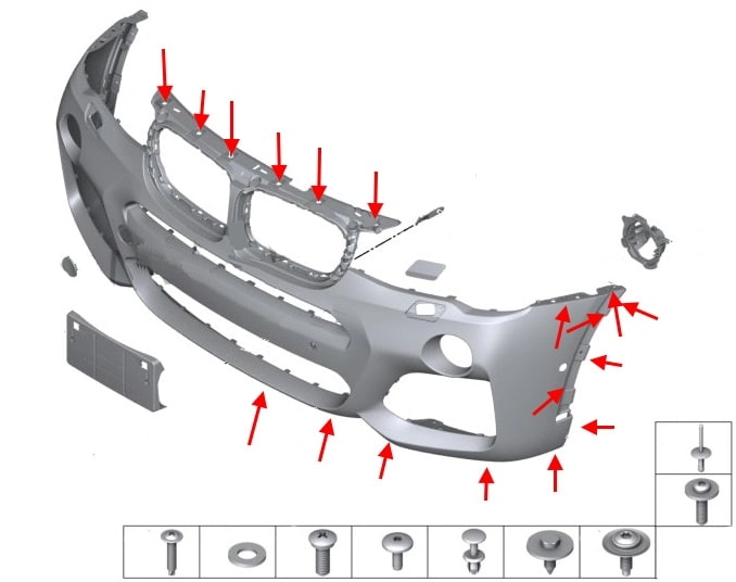 Diagrama de montaje del parachoques delantero del BMW X4 F26