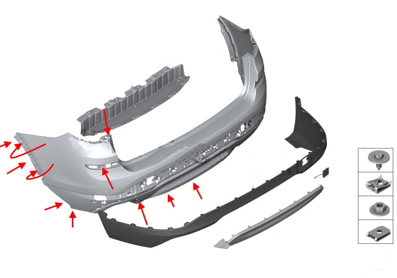 Diagrama de montaje del parachoques trasero del BMW X4 F26