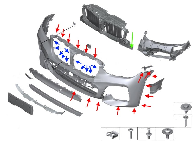 Diagrama de montaje del parachoques delantero del BMW X4 G2
