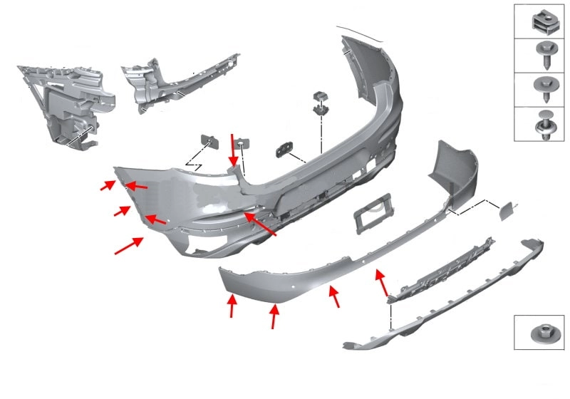 Diagrama de montaje del parachoques trasero del BMW X4 G2