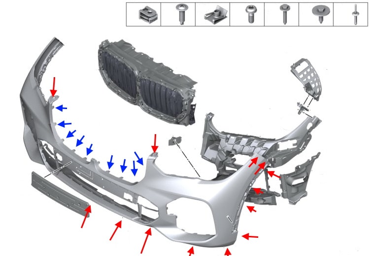 Diagrama de montaje del parachoques delantero del BMW X5 G05