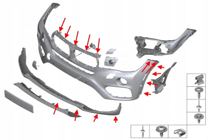 Diagrama de montaje del parachoques delantero del BMW X6 F16