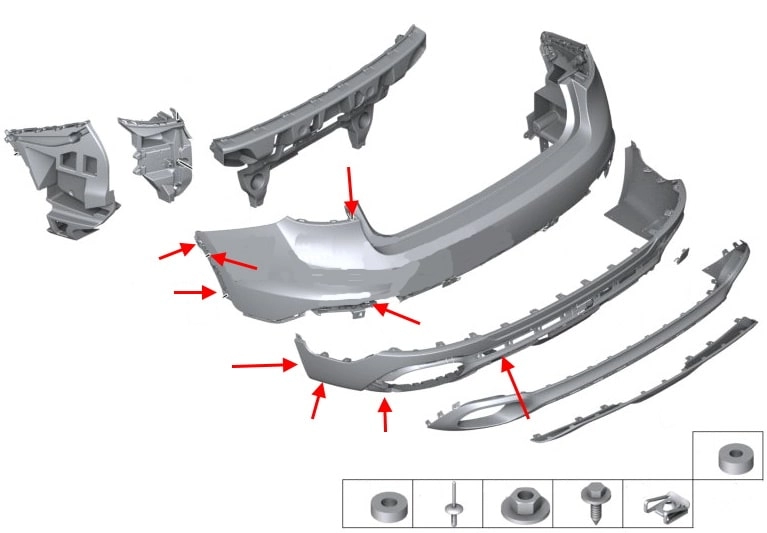 Diagrama de montaje del parachoques trasero del BMW X6 F16