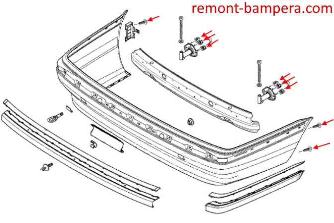 Schema di montaggio del paraurti posteriore BMW Serie 7 III E38 (1994-2001).