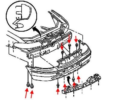 Diagrama de montaje del parachoques delantero del Buick Century (1997-2005)