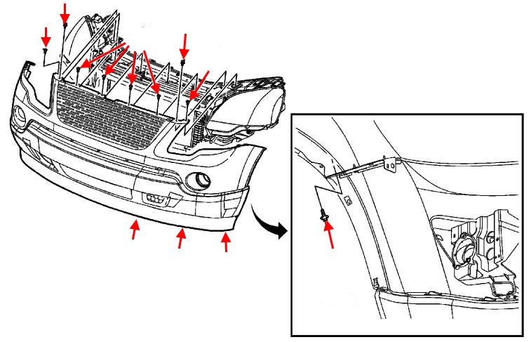 Diagrama de montaje del parachoques delantero del Buick Enclave