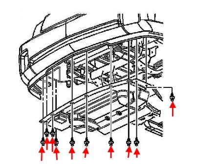 схема крепления переднего бампера Cadillac CTS (2003-2007)