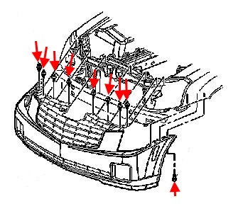 Diagrama de montaje del parachoques delantero Cadillac CTS (2003-2007)