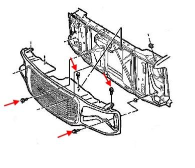 схема крепления решетки радиатора Cadillac Escalade GMT400 (1998-2001)