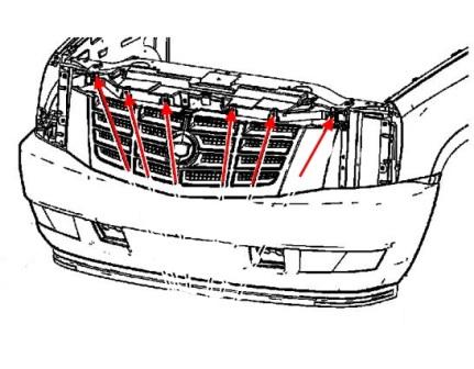 Cadillac Escalade GMT900 diagrama de fijación del parachoques delantero (2007-2013)