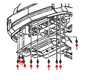 схема крепления переднего бампера Cadillac SRX (2004-2010)
