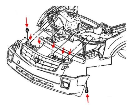 Diagrama de montaje del parachoques delantero Cadillac SRX (2004-2010)