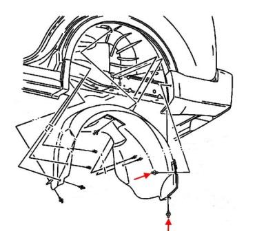 схема крепления заднего подкрылка Cadillac SRX (2004-2010)