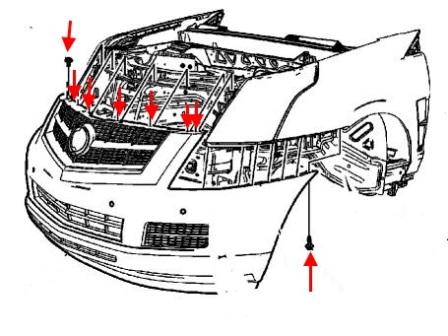 схема крепления переднего бампера Cadillac SRX (2009-2016)