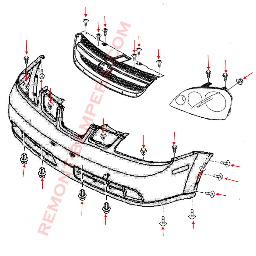 Diagrama de montaje del parachoques delantero del Chevrolet Lacetti 1