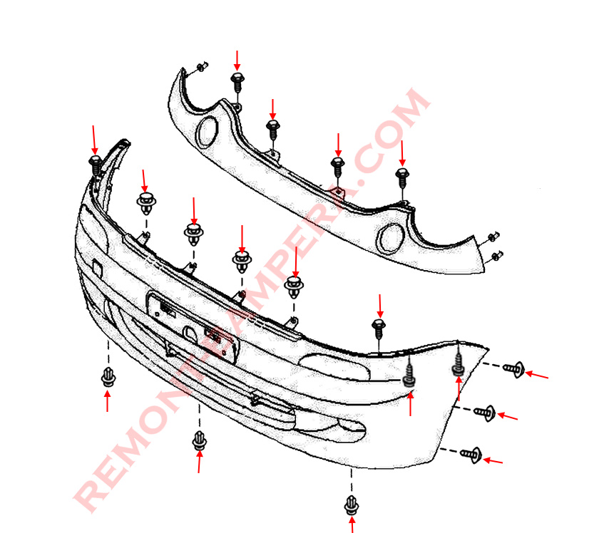 Diagrama de montaje del parachoques delantero del Chevrolet Spark/Matiz I