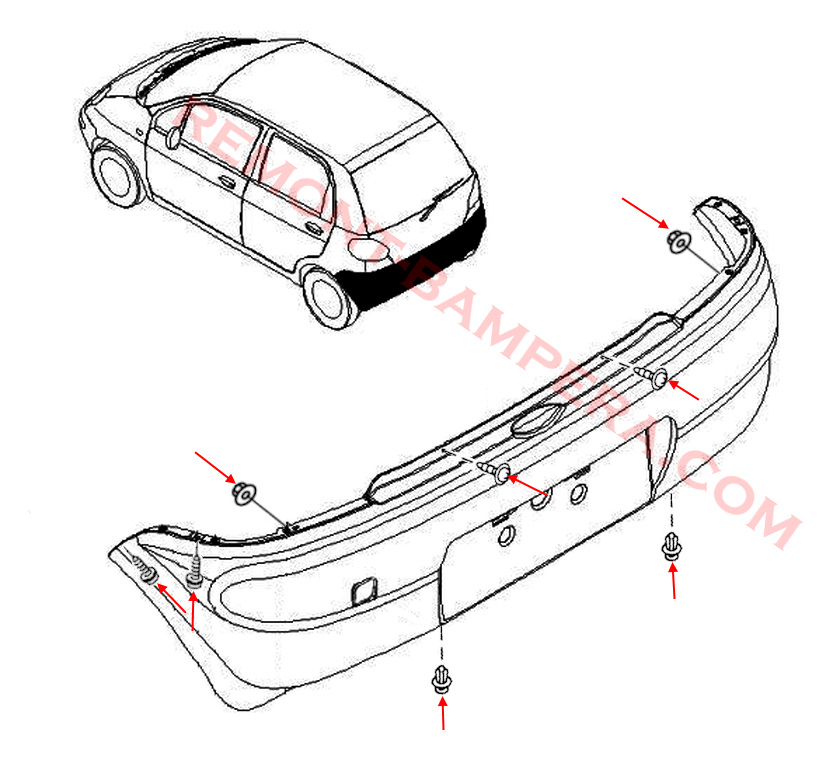 Diagrama de montaje del parachoques trasero del Chevrolet Spark/Matiz I