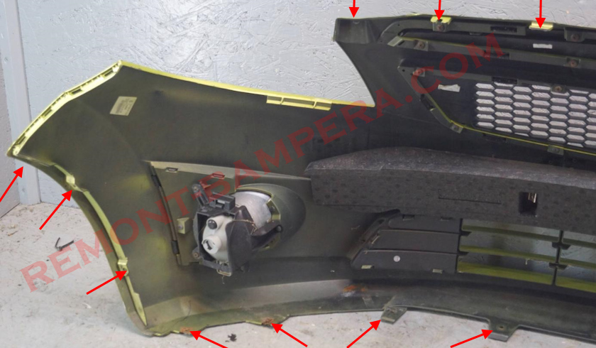 Emplacements de montage du pare-chocs avant de la Chevrolet Spark III