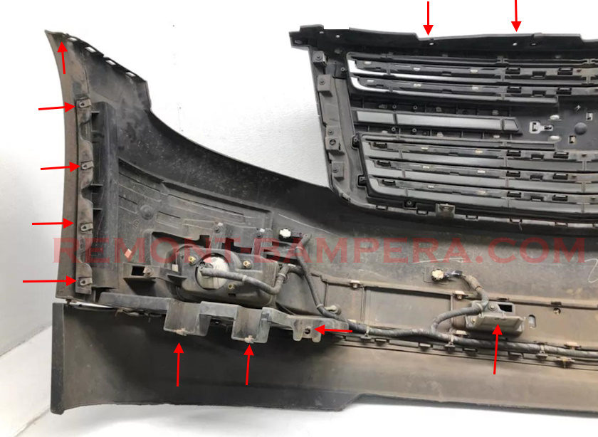 Attachment points of the front bumper of the Chevrolet Suburban XI (2015–2020) 