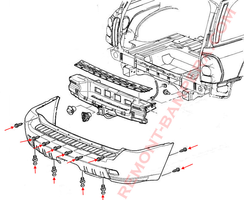 Schema di montaggio del paraurti posteriore Chevrolet TrailBlazer I (2002–2009)