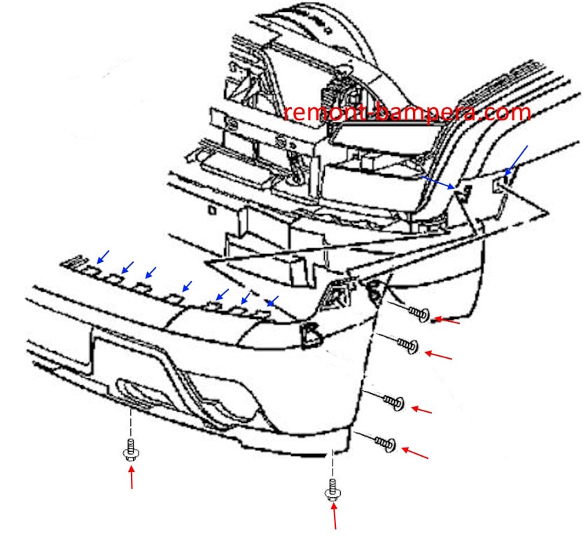 Chevrolet Avalanche I front bumper mounting diagram (2002-2006)