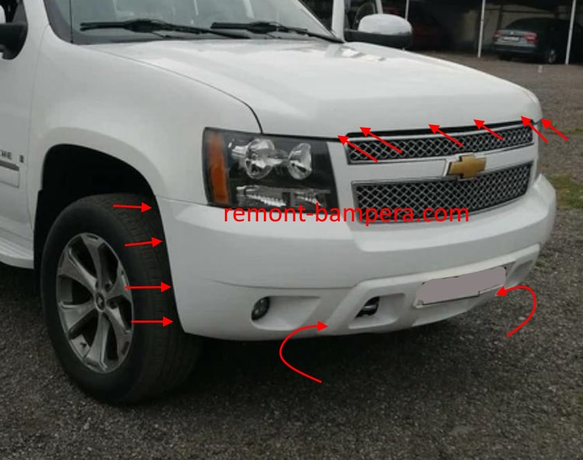 Chevrolet Avalanche II GMT900 (2007-2013) front bumper mounting locations