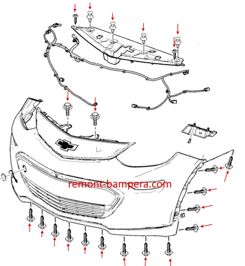 Diagrama de montaje del parachoques delantero del Chevrolet Bolt EV (2016-2023)