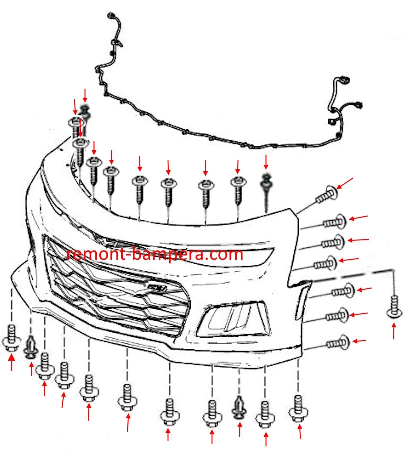 Diagrama de montaje del parachoques delantero Chevrolet Camaro VI (2016-2024)