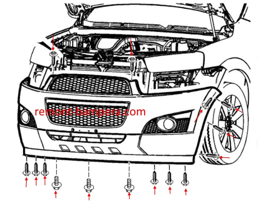 Diagrama de montaje del parachoques delantero Chevrolet Captiva I C140 (2011-2018)