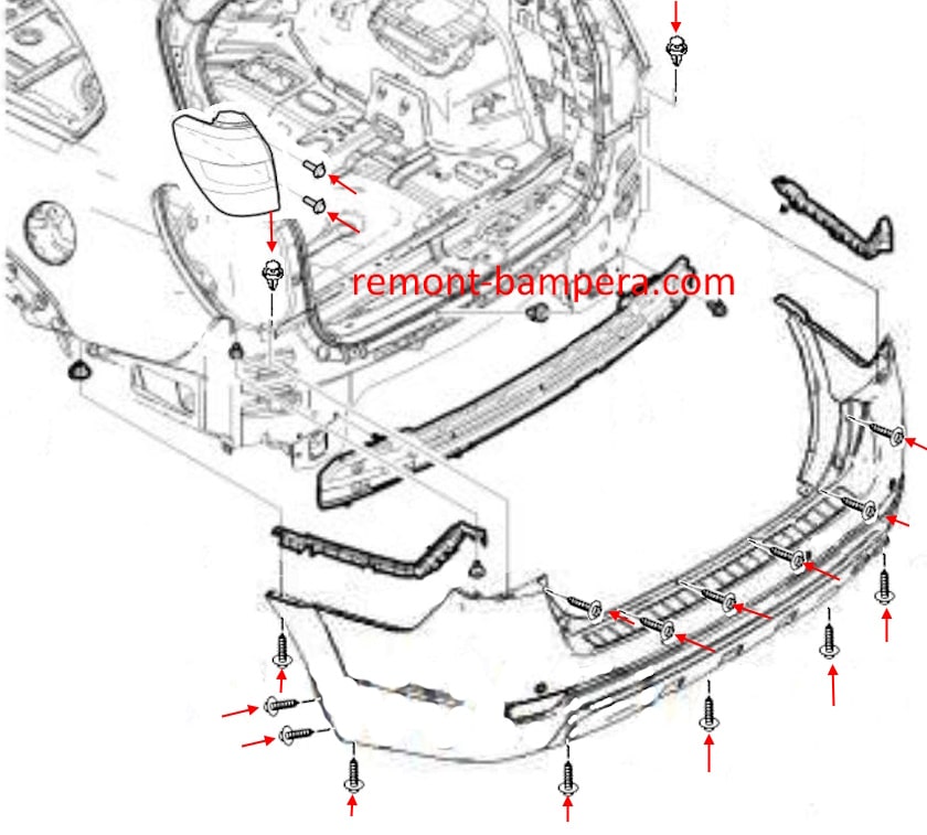 Esquema de montaje del parachoques trasero para Chevrolet Captiva I C100/C140 (2006-2018)