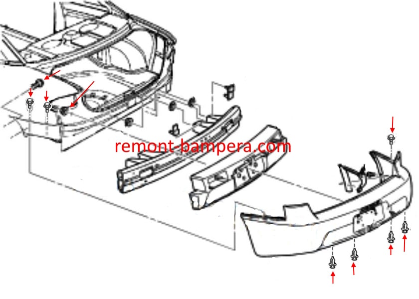 Diagrama de montaje del parachoques trasero de Chevrolet Cavalier (1995-2005)