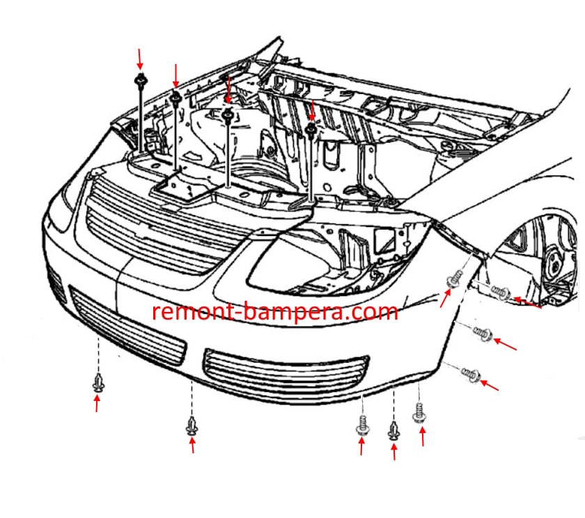 Diagrama de montaje del parachoques delantero Chevrolet Cobalt I (2005-2010)