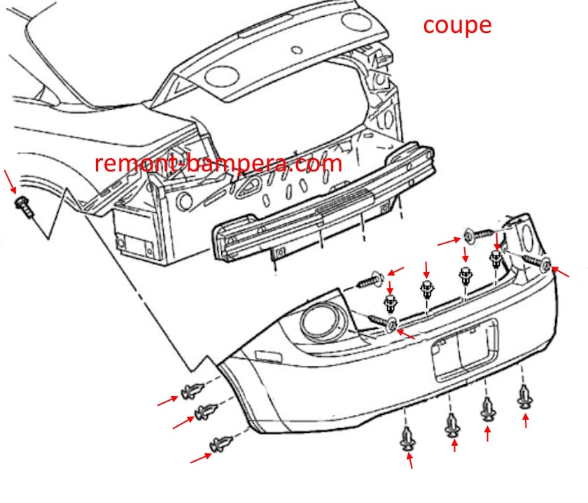Rear bumper mounting diagram for Chevrolet Cobalt I (2005-2010) coupe
