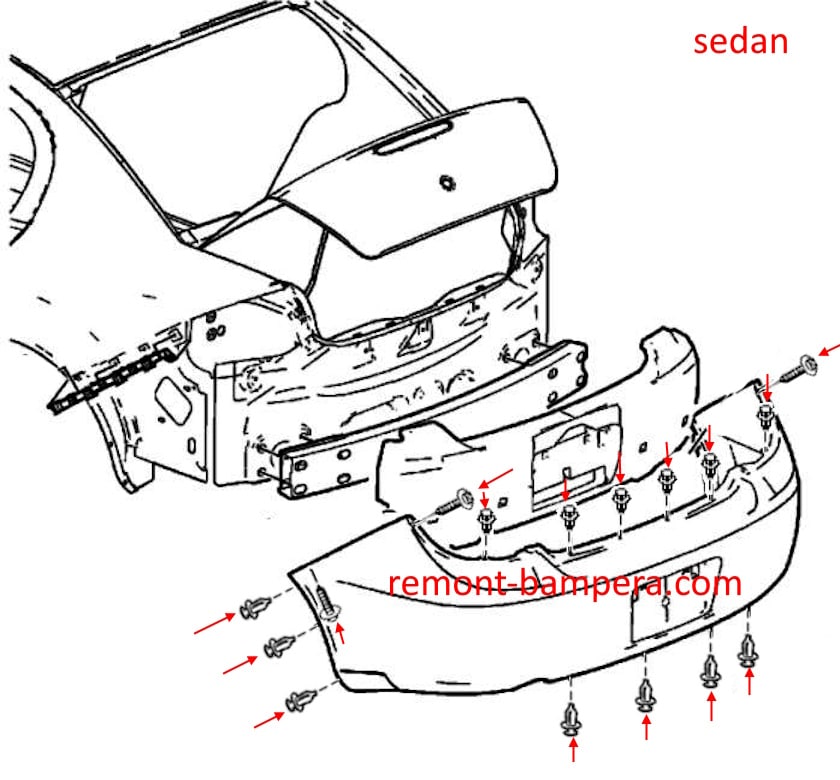 Schema di montaggio del paraurti posteriore per berlina Chevrolet Cobalt I (2005-2010).