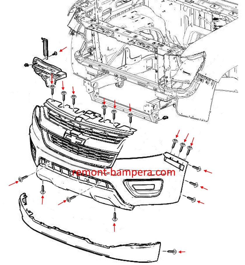 Schema di montaggio del paraurti anteriore Chevrolet Colorado II (2015-2022)