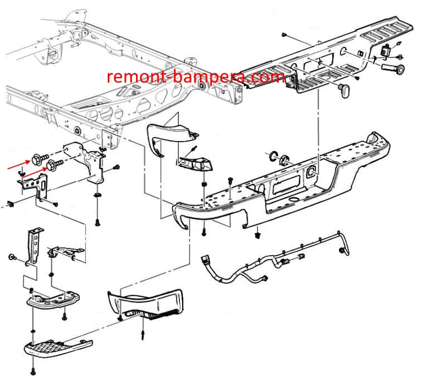 Schema di montaggio del paraurti posteriore Chevrolet Colorado II (2015-2022)