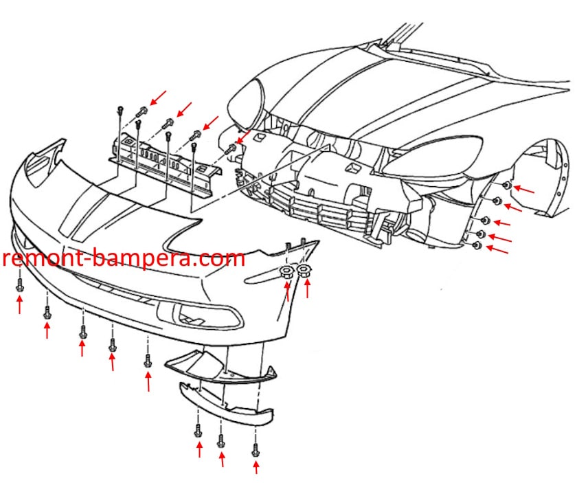 Diagrama de montaje del parachoques delantero Chevrolet Corvette C6 (2005-2013)