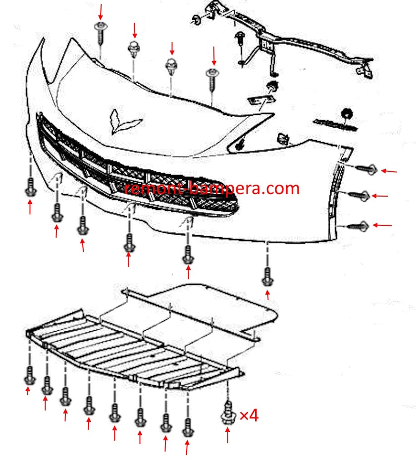 Schema di montaggio del paraurti anteriore Chevrolet Corvette C7 (2014-2019)