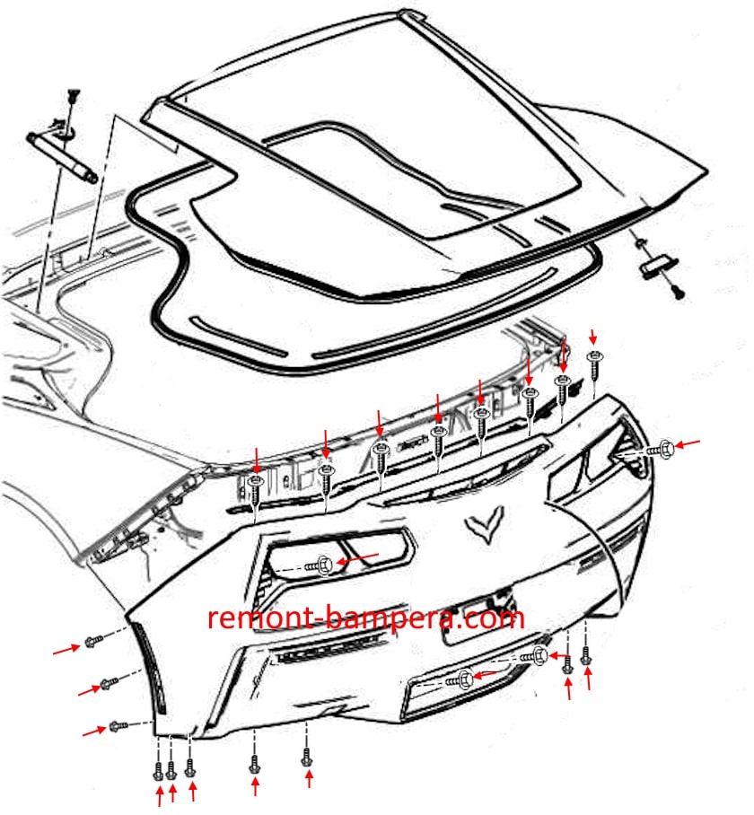 Esquema de montaje del parachoques trasero para Chevrolet Corvette C7 (2014-2019)