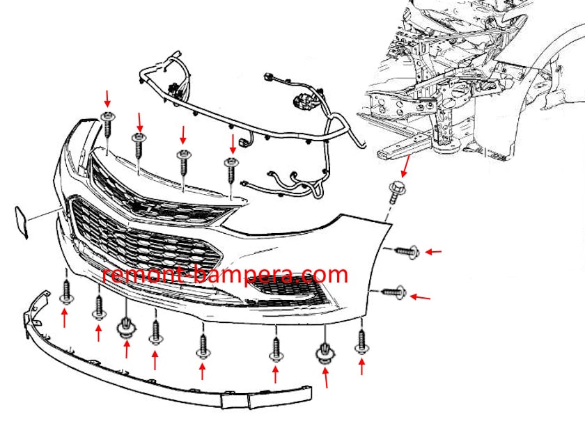 Diagrama de montaje del parachoques delantero del Chevrolet Cruze II (2016-2019)