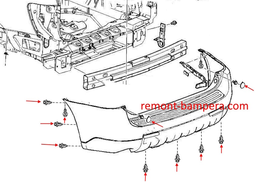 Rear bumper mounting diagram for Chevrolet Equinox I (2005-2009)