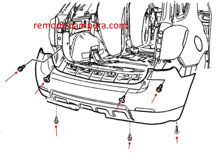 Diagrama de montaje del parachoques trasero de Chevrolet Equinox II (2010-2017)