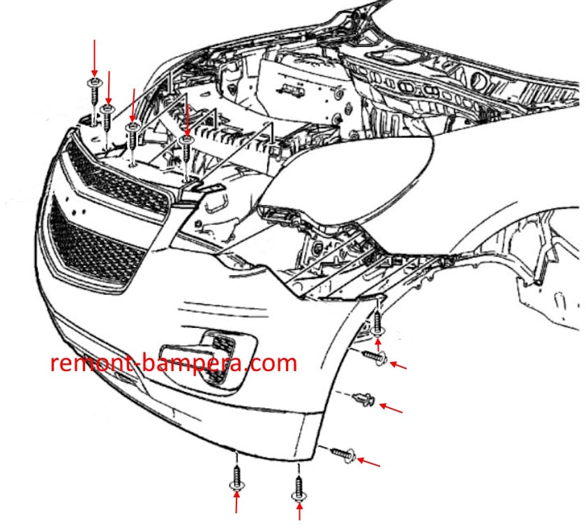 Diagrama de montaje del parachoques delantero Chevrolet Equinox II (2010-2017)