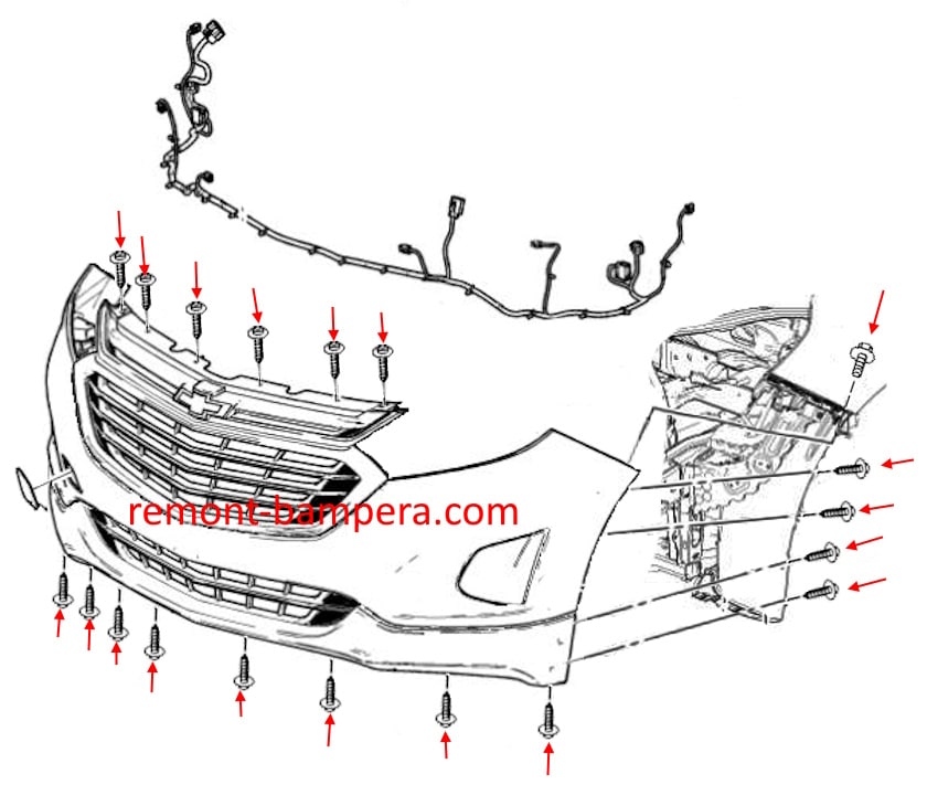 Схема крепления переднего бампера Chevrolet Equinox III (2018-2024) 