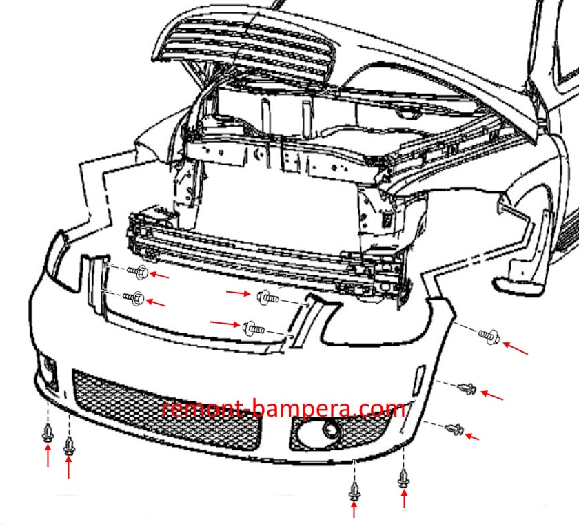 Diagrama de montaje del parachoques delantero Chevrolet HHR (2006-2011)