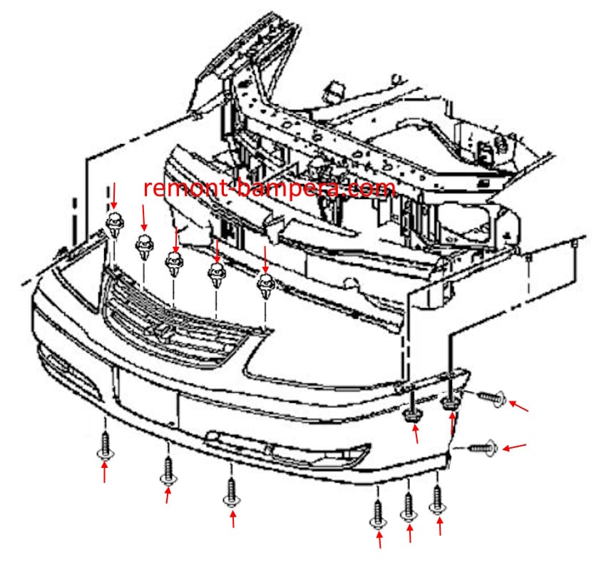Montagediagramm für die vordere Stoßstange des Chevrolet Impala VIII (2000–2005)