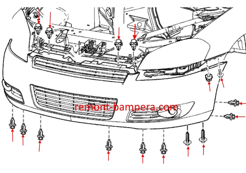 Diagrama de montaje del parachoques delantero del Chevrolet Impala (2006-2013)