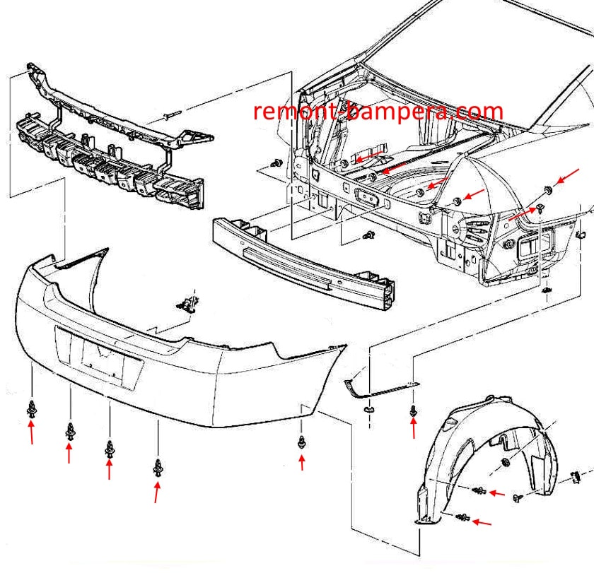 Diagrama de montaje del parachoques trasero del Chevrolet Impala (2006-2013)
